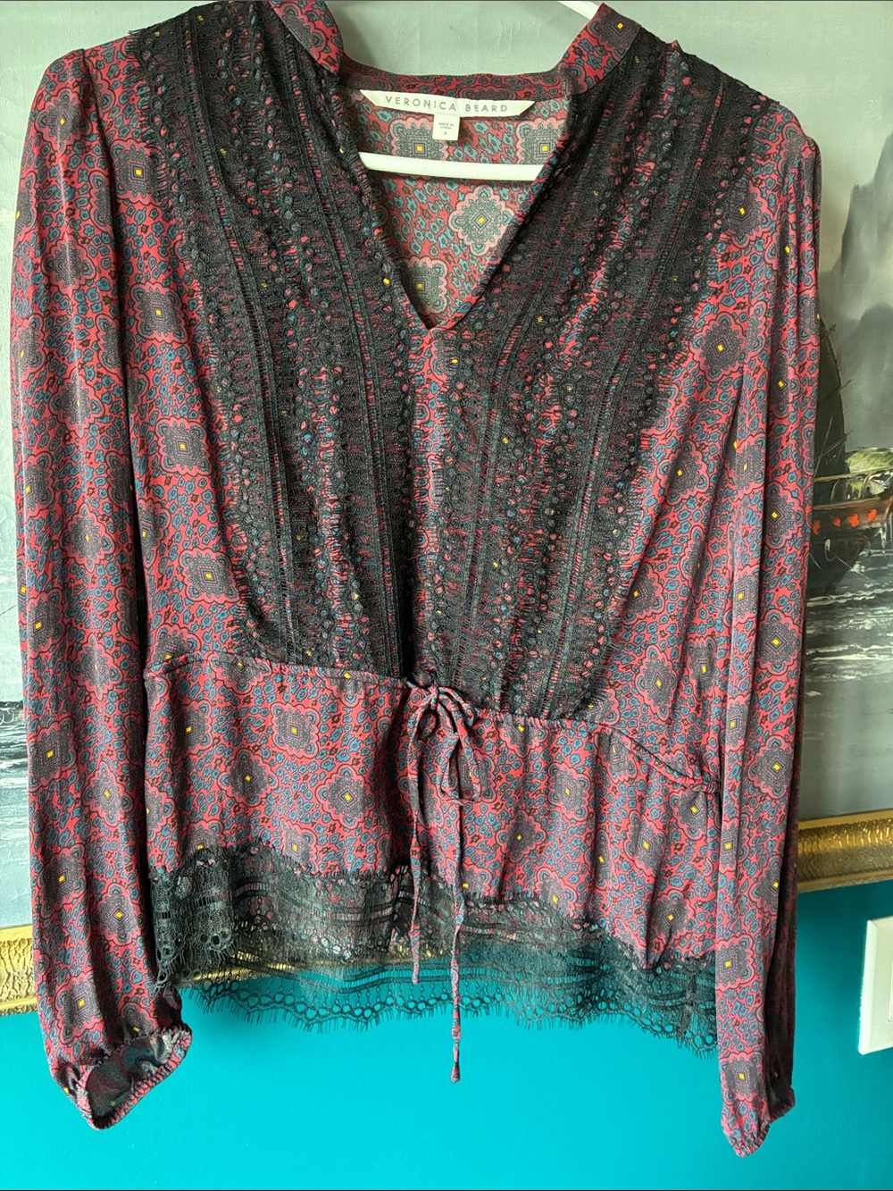 Veronica Beard Burgundy Paisley Lace-Trim V-Neck Blouse